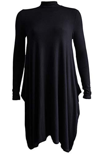 Image of Women's Polo Neck Top Flared Swing Dress Ladies Turtle Neck Hanky Hem Long Dress (Black, 24-26)
