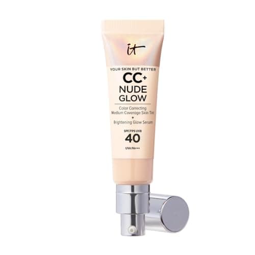 Image of IT Cosmetics, CC+ Cream Nude Glow Foudation, Medium Coverage, Instantly Brighter & Hyrdrated Skin, Made with 2% Niacinamide & Hyaluronic Acid, Your Skin But Better, Shade: Light, 32ml