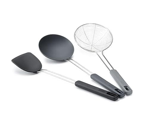 Image of Joseph Joseph Nest Fusion 3-piece Silicone and Stainless Steel Kitchen Wok Set, Silcone Turner, Spoon and Wire Skimmer Strainer, Heat Resistant Non Stick