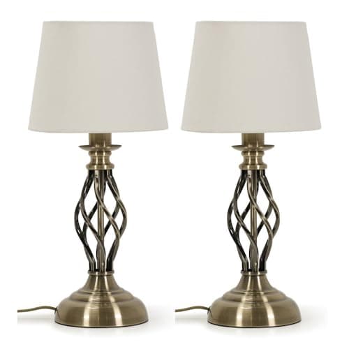 Image of ValueLights | Pair of - Traditional Antique Brass Bedside Table Lamps for Living Room with Fabric Lampshade Bedroom Light + LED Bulbs | Table Lamps & Home Improvements Essential