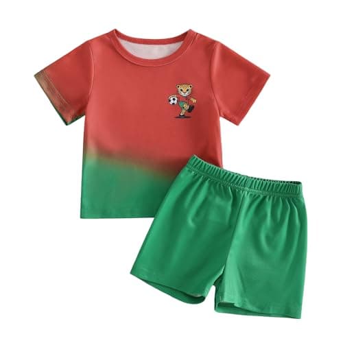 Image of Geagodelia Kids Toddler Baby Boys Football Outfit National Team Matching Colour Short Sleeve Sports Jersey Tops T-Shirt and Shorts 2 Piece Summer Clothes Set (Green Red, 2-3 Years)