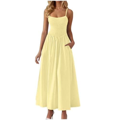 Image of Zeiayuas Shirred Dress for Women UK Sale Clearance Square Neck Strappy Summer Dresses Elegant Spaghetti Strap Plain Maxi Dress Bohemian Beach Holiday Vacation Flowy Long Dresses with Pockets