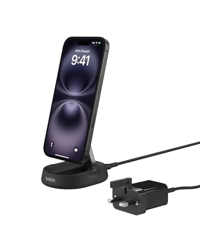 Image of Belkin BoostCharge Pro 15W convertible magnetic wireless charging stand, MagSafe compatible fast Qi2 wireless charger, fast charger for iPhone 17/16/15, Air, AirPods, PixelSnap, 20W plug incl. - Black