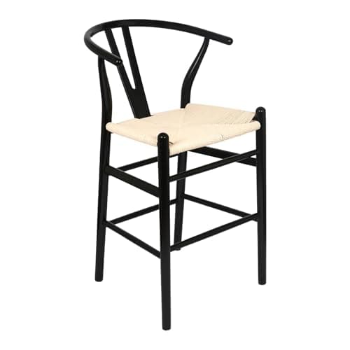 Image of Nicholas Winter Wooden Bar Stool - Black/Natural Woven Rope Seat - 65cm Seat Height Mid-Century Modern Scandinavian Style - Ergonomic Y-Back for Kitchen Island Breakfast Bar Café