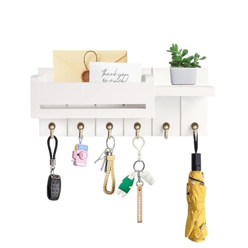Image of Key Holder for Wall - Key Hooks Wall Mounted with Shelf, Wooden Key Rack Letter Holder with 6 Hooks,Key Hooks for Home Decor, Key Hanger with Coat Hooks, Box Key Holders for Entryway Hallway (White)