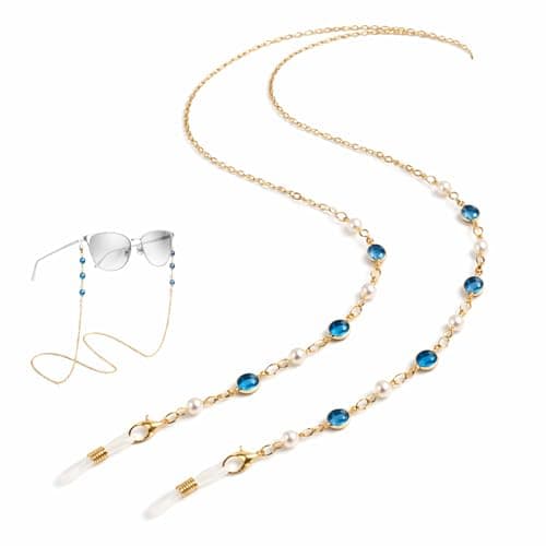 Image of CAYLEKI Faceted Blue Crystal Pearl-Effect Glasses Chain with Non-Slip Hooks - Elegant Beaded Sunglasses Strap Necklace for Women, Secure & Stylish Eyewear Cord Lanyard, Fashion Fine Gold-Tone Chain