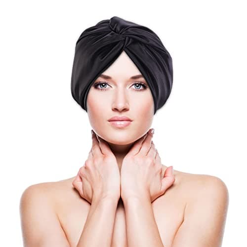 Image of Hair Wrap for Sleeping, Satin Sleep Bonnet Double-Sided Sleep Cap Hair Turban for Curly Hair Women Sleep Cap with Elastic Bow Stay On Head – Black
