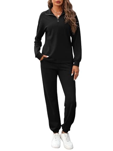Image of REORIA Women Cotton Half Zip Tracksuit Set Henley Neck Lounge Wear Sets Long Sleeve Two Piece Outfit Solid Color Co Ord Sets Black L