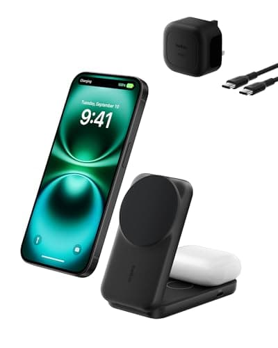 Image of Belkin UltraCharge 2-in-1 Wireless Charger 25W, Qi2.2 Certified MagSafe Compatible Charger, Charging Station for iPhone 17, Air, AirPods, Pixelsnap, Magnetic Stand with USB-C Port, 45W Adapter - Black
