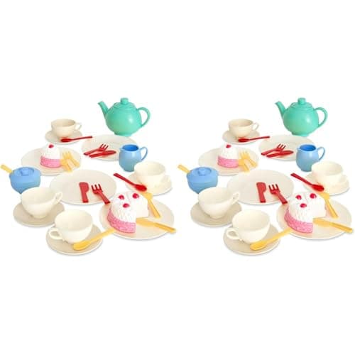 Image of Casdon 36-Piece Tea Set. Colourful Toy Playset with Teapot, Milk Jug, Cups and Saucers, Cake, and More. Suitable for Preschool Toys. Playset for Children Aged 3+ (Pack of 2)