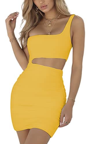 Image of Zesoyne Womens Sexy 1 Shoulder Sleeveless Ruched Club Dress Bodycon Cut Out Mini Dress X-Small Deep Yellow