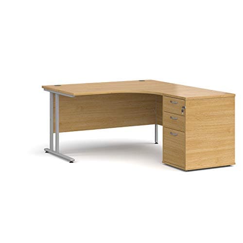 Image of Mr Office Maestro 25 right hand ergonomic desk with silver cantilever frame and desk high pedestal bundle, Oak, 1400