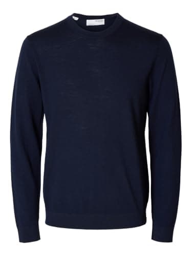 Image of SELECTED HOMME Male Crew Neck Jumper 100% Merino Wool, Blazer Navy, M
