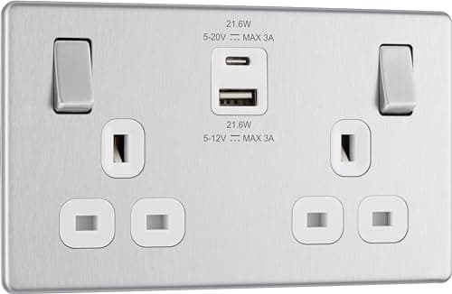 Image of BG Electrical 22W Double Switched Power Wall Plug Socket with Fast Charge Type A and C USB Ports, Screwless, Flatplate, Brushed Steel, White Inserts, 13A, FBS22UAC22W