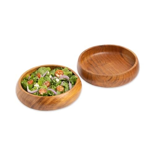 Image of LAVAUX DESIGNS Acacia Wood Salad Bowls Set of 2, Large Individual Bowls 20x5 cms (740 ml) with Food Safe Coating | Jointless Plates Type Shallow Wooden Bowls for Food Like Pasta in Dinner