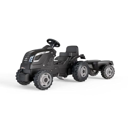 Image of Smoby - Farmer XL Black Tractor + Trailer - Children's Pedal Tractor - Adjustable Seat - Steering Wheel with Horn - Opening Hood - From 3 Years Old - Made in France