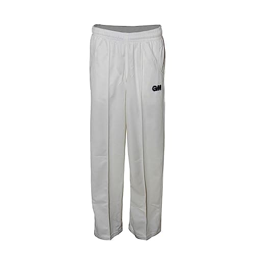 Image of Gunn & Moore GM, Cricket Trousers, Athletic Fit Elasticated Waist 2 Pockets, Quick Drying & Enhanced Moisture Management, Off White with GM Logo, Large - Waist 35-36" Finished Hem Approx 34"