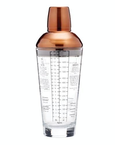 Image of BarCraft BCLLBOSTON700 Recipe Cocktail Shaker with Measurements, Glass / Stainless Steel, Copper Finish, 650 ml