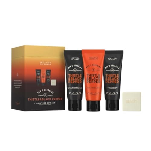 Image of Scottish Fine Soaps Men's Grooming Thistle & Black Pepper Signature Gift Set – Includes Eau de Toilette, Aftershave Balm, Hair & Body Wash