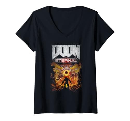 Image of Women's Doom Eternal Gold Cover Art Scene Distressed Video Game V-Neck T-Shirt