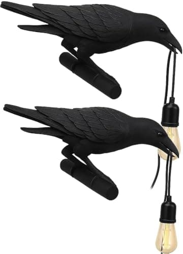 Image of Black Birds Wall Lamps 2 Pack Resin Crow Desk LED Lamp E27 Base Modern Raven Art Deco Bedside Decor Plug in Cord Wall Lamps for Bedroom, Office, College Dorm, Right Black Wall