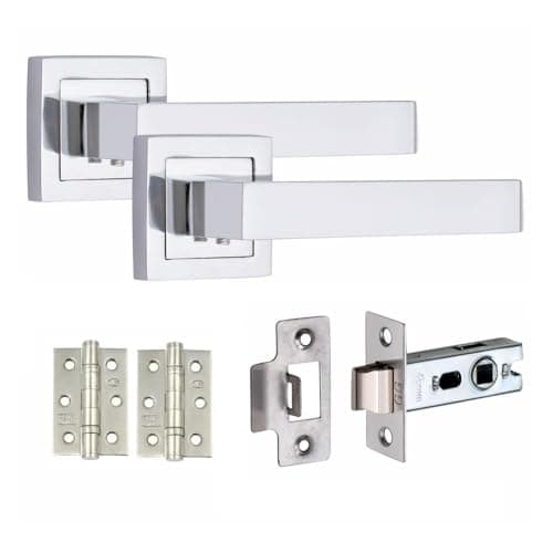 Image of Golden Grace Premium Delta Design Door Handles on Square Rose in Polished Chrome with 2.5" Latch & 1 Pair of Ball Bearing Hinges - 1 Pair