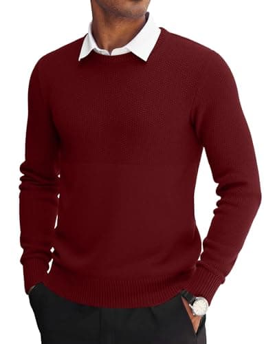 Image of MLANM Men's Jumpers Tops Winter Warm Knitted Crew Neck Jumper Long Sleeve Soft Cozy Mock Neck Knitwear Pullover Sweaters for Men Basic Round Neck Tops Classic Sweatshirt, Wine Red XL