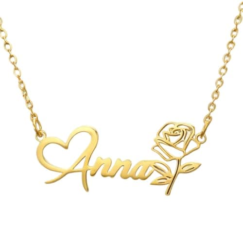 Image of Personalized Heart Name Necklace with Rose Pendant - Custom Stainless Steel Valentine's Day Gift for Her/Him, Gold & Silver Nameplate Necklace with Rose Charm (Gold)