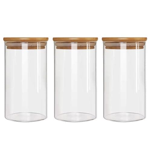Image of 35.2oz Glass Pasta Storage Jars With Lids, Airtight Pasta storage containers with Bamboo Lids, Clear Glass Jar Kitchen Food Containers, for Oats Nuts Flour Sugar Coffee Tea Candy set of 3 ( 1000ml )