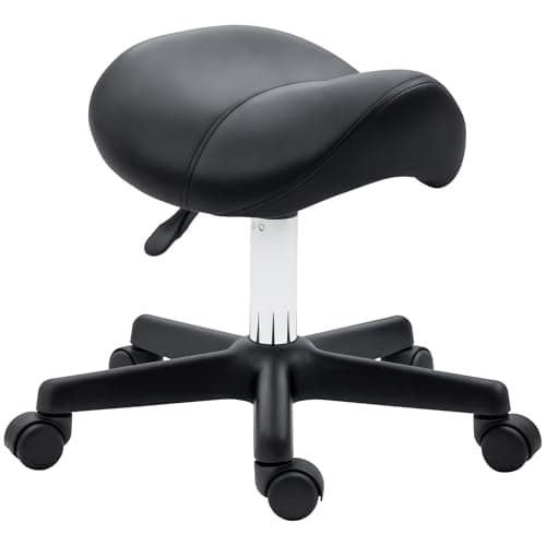 Image of HOMCOM Saddle Stool, PU Leather Adjustable Rolling Salon Chair with Steel Frame for Massage, Spa, Beauty and Tattoo, Black