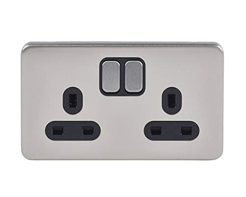 Image of Schneider Electric - Lisse Screwless Deco, Switched Double Power Socket, 13A, Stainless Steel with Black Insert, GGBL3020BSSS