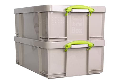 Image of Really Useful Box Plastic Storage 50 Litre Recycled Dove Grey with Green Handles Pack of 2
