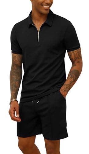 Image of Men's Tracksuit Polo Shirt & Shorts 2 Pieces Casual Summer Outfits Suit Lapel Activewear Fashion Short Sleeve Sweatsuits Set Black L