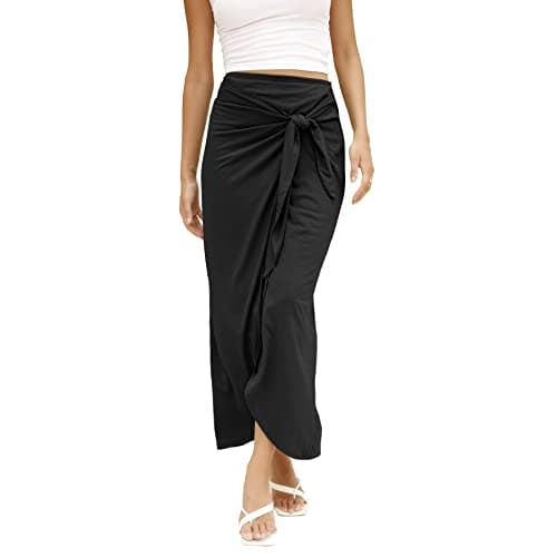 Image of TASAMO Women's Trendy Maxi Skirt - Ruched Pencil Skirt for Summer Beach Vacation（Medium,Black）