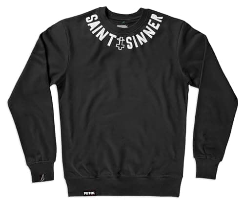 Image of Pistol Boutique Men's Black Saint Sinner Cross Neck Quote Casual Organic Cotton Jumper Sweater Sweatshirt (UK, Alpha, XL, Regular, Regular)