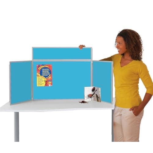 Image of Wonderwall Tabletop Exhibition Folding 3 Panel Display Kit, Landscape, Lightweight, Cyan Pinboard, PVC Frame, Clip-on Header & Storage Bag, for Office, School, Exhibition, Info Hubs