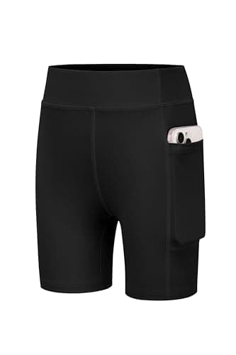 Image of Arshiner Girls Cycling Shorts Kids Sports Short Leggings Black Children Breathable High Waist Gym Shorts with Pocket 9-10 Years