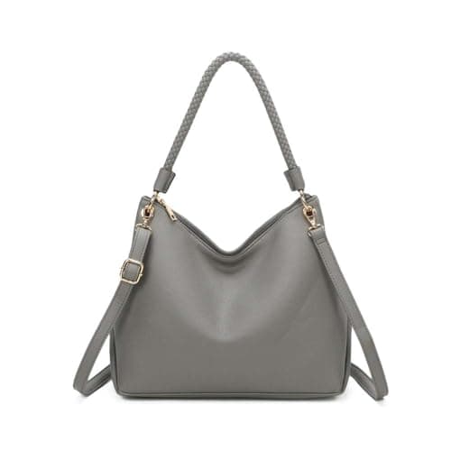 Image of BagDesign Women's Soft Stylish Braided Handle Slouch Hobo Large Shoulder Handbag with Adjustable Strap -GREY