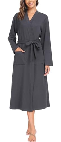 Image of Sopesil Women Dressing Gown Waffle Full-Length Robe Lightweight Luxury Bathrobes Soft Loungewear Sleepwear Spa and Hotel for All Year Dark Grey,L