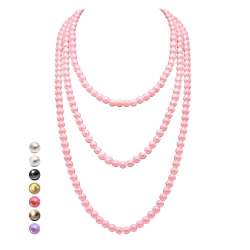Image of HALUKAKAH 1920s Long Pearl Necklace for Women - Exquisite Natural Cultured Pearls - Luxurious 8mm Strand with Timeless Elegance - Blush Rose Pink Length 150cm - Perfect for Special Occasions