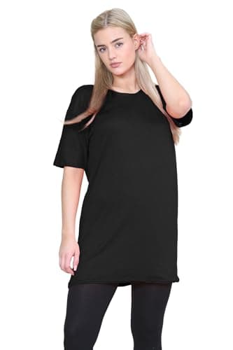 Image of janisramone® Womens Short Sleeve Tunic T Shirts, Round Neck Oversized T Shirts for Women UK, Soft Comfortable Pj Dress, Perfect Summer Longline Ladies Tops Black