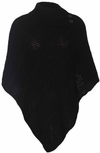 Image of Womens Cape Shawl Wrap Long Knitted Sweater Folded Roll Neck Button Jumper Ladies Poncho Top One Size Black One Size 8 - 16