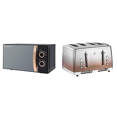 Image of Russell Hobbs RHM1727RG 17 Litre 700 W Rose Gold Solo Microwave, 30 Minute Timer, Defrost Setting, Easy Clean & 25143 Copper Sunset Eclipse Polished Stainless Steel Ombre Four Slice Toaster