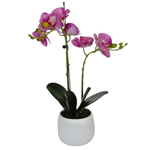 Image of Elegant Double Stem Purple Real Touch Artificial Potted Orchid (46cm) in Round White Ceramic Pot