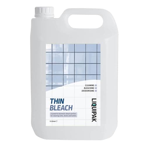 Image of Liquipak Thin Bleach 5L – Household bleach ideal for cleaning toilets, sinks, drains & floors. Powerful formula for bleaching & deodorising surfaces.