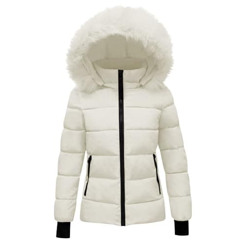 Image of duxyoz Winter Coats for Girls UK - Hooded,Warm,Padded,Quilted,Lightweight,Casual Fitted Overcome Puffer Jacket with Faux Fur Hood Beige 13-14 Years