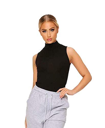 Image of STAR FASHION Ladies/Women Sleeveless Stretchy High Turtle Polo Neck Vest Top Fashionable and Causal T-Shirts-Black-12-14