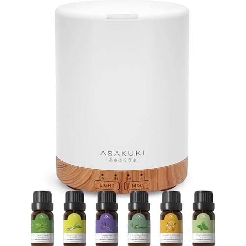 Image of ASAKUKI Diffuser 300ml with 6x10ml Essential Oils Set, Essential Oil Diffuser Ultra-Quiet with 7 Colour Lights, Auto Shut-Off for Home Bedroom Office, Ultrasonic Cool Mist Aroma Diffuser for Home