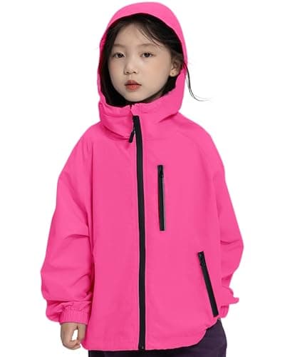 Image of Rolanko Girls Waterproof Hooded Jacket Lightweight Raincoat Windbreaker Outwear Rain Jackets for Kids Boys 7-14 Years, Rose, Size: 170/13-14 Years