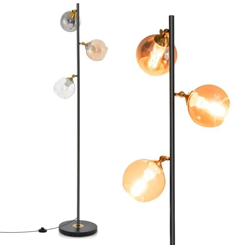 Image of COSTWAY 3-Light Floor Lamp, Industrial Freestanding Lamp with 3 Glass Globe Lampshades, Foot Switch & Weighted Base, Tall Tree Floor Lighting Reading Lamp for Living Room Bedroom Office, E27 Socket